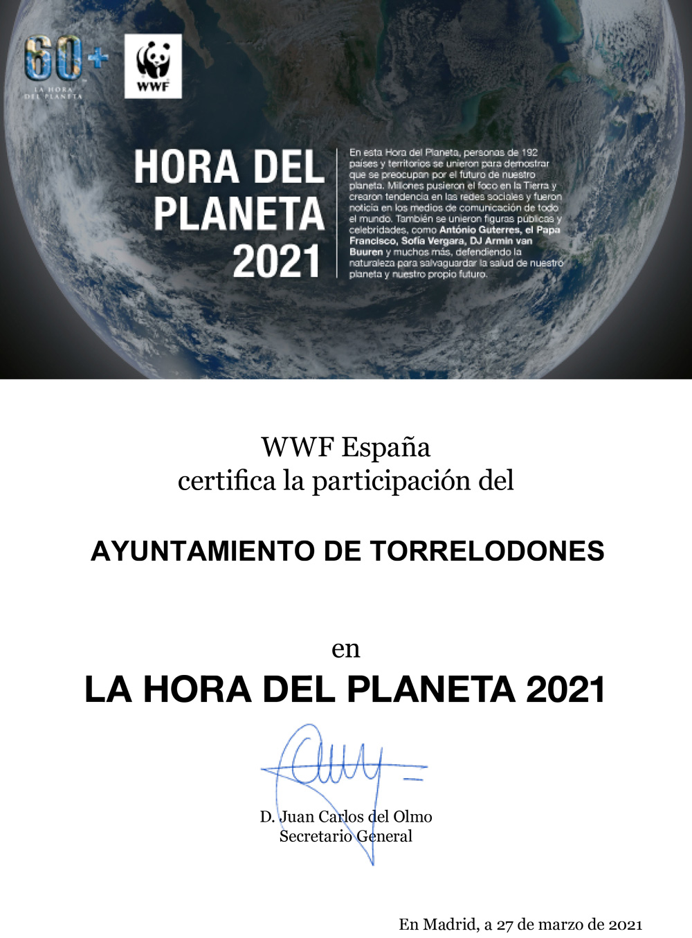 WWF España reconoce el compromiso de Torrelodones con la Hora del Planeta